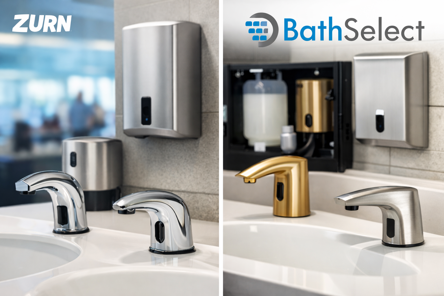 Commercial restroom with touchless soap dispensers � Zurn vs BathSelect comparison